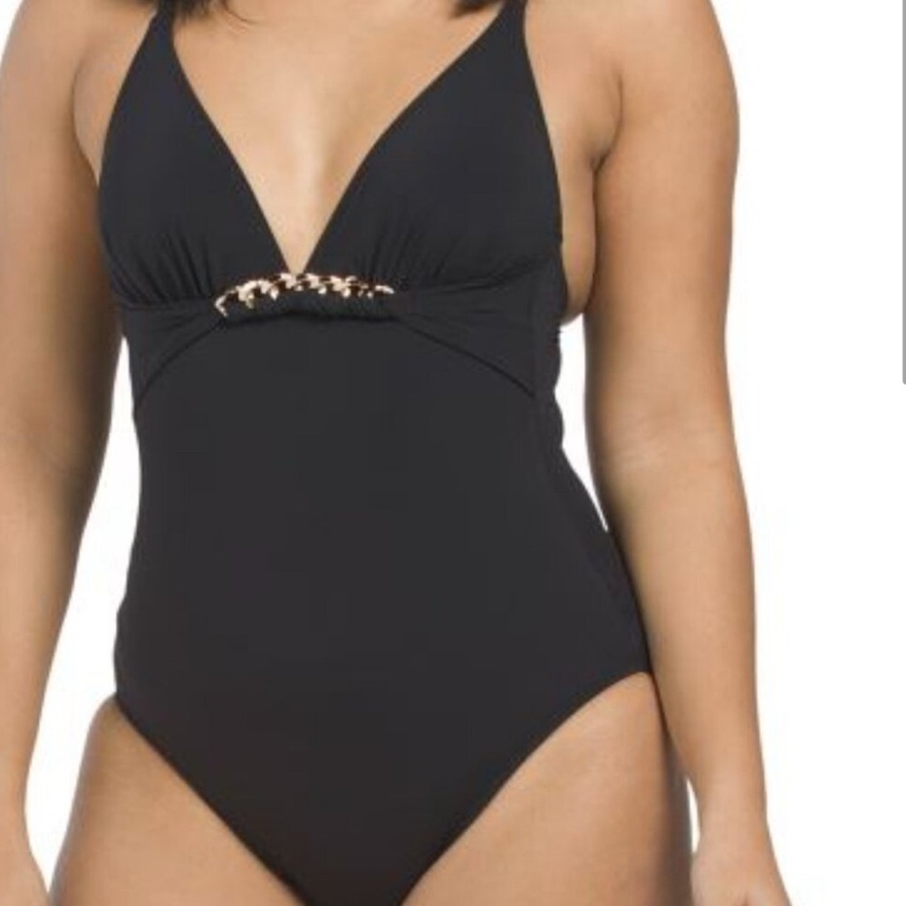 NWT PROFILE BY GOTTEX Unchain My Heart V-Neck One-piece Swimsuit -Black Size 10